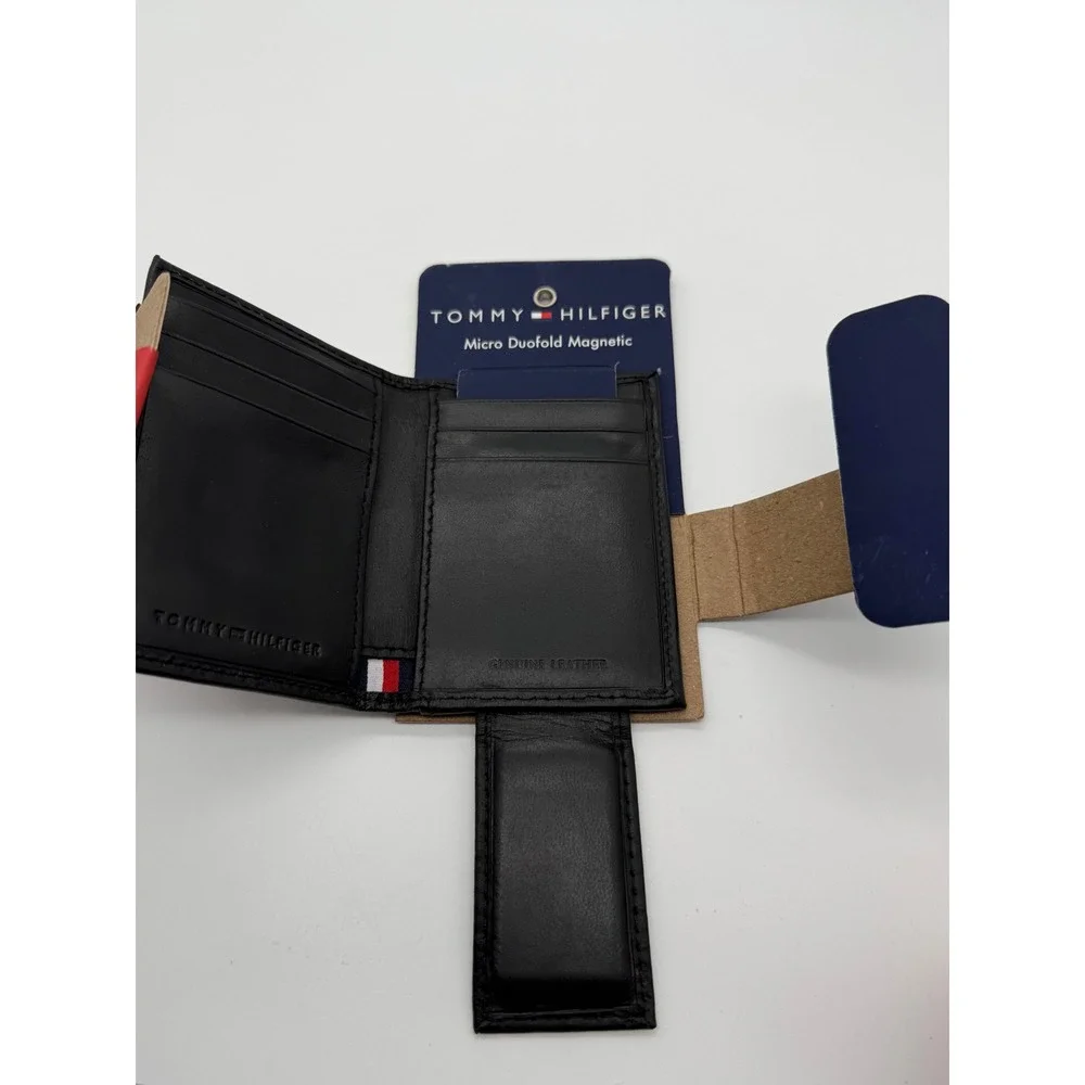 Tommy Hilfiger‎ Mens Micro Duofold Magnetic Wallet Black Leather RFID Slim New